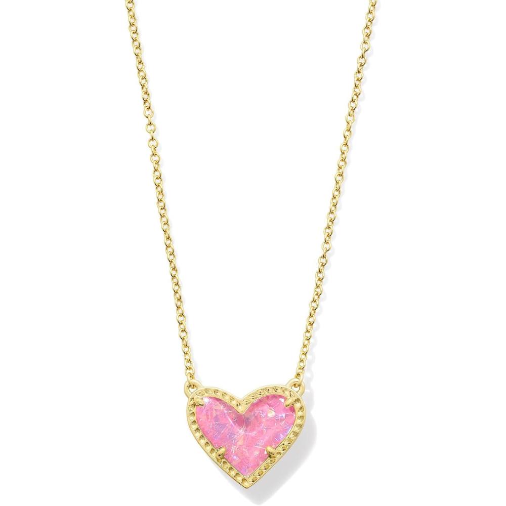 imageKendra Scott Ari Heart Adjustable Length Pendant Necklace for Women Fashion JewelryGOLD PINK IRIDESCENT GLITTER GLASS