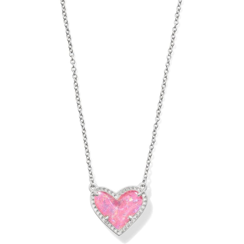 imageKendra Scott Ari Heart Adjustable Length Pendant Necklace for Women Fashion JewelryRHODIUM PINK IRIDESCENT GLITTER GLASS